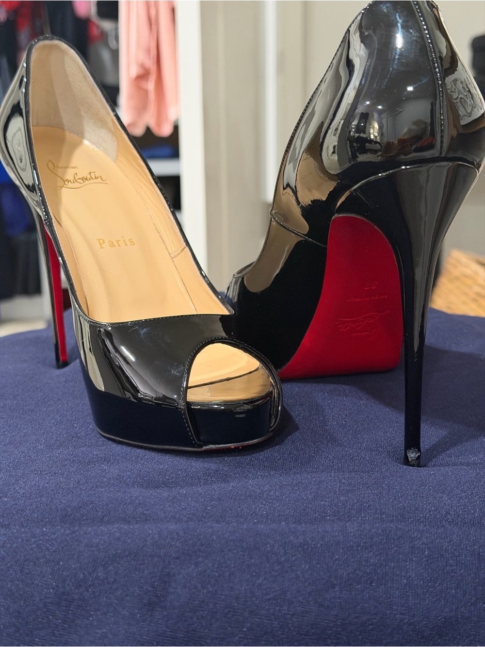 Christian Louboutin Black Patent Peep-Toe Platform Stiletto with Red Sole